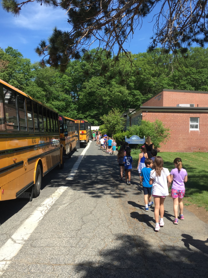 Students boarding line of school buses 